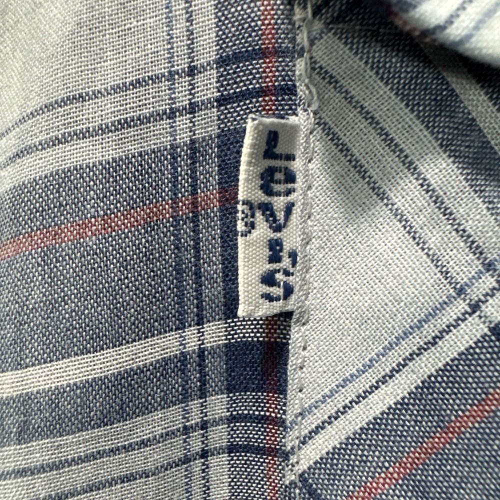 VTG Rare LEVIs Button Dress Shirt sz L Blue Madras Plaid 70 Light Korea Made - Picture 7 of 9